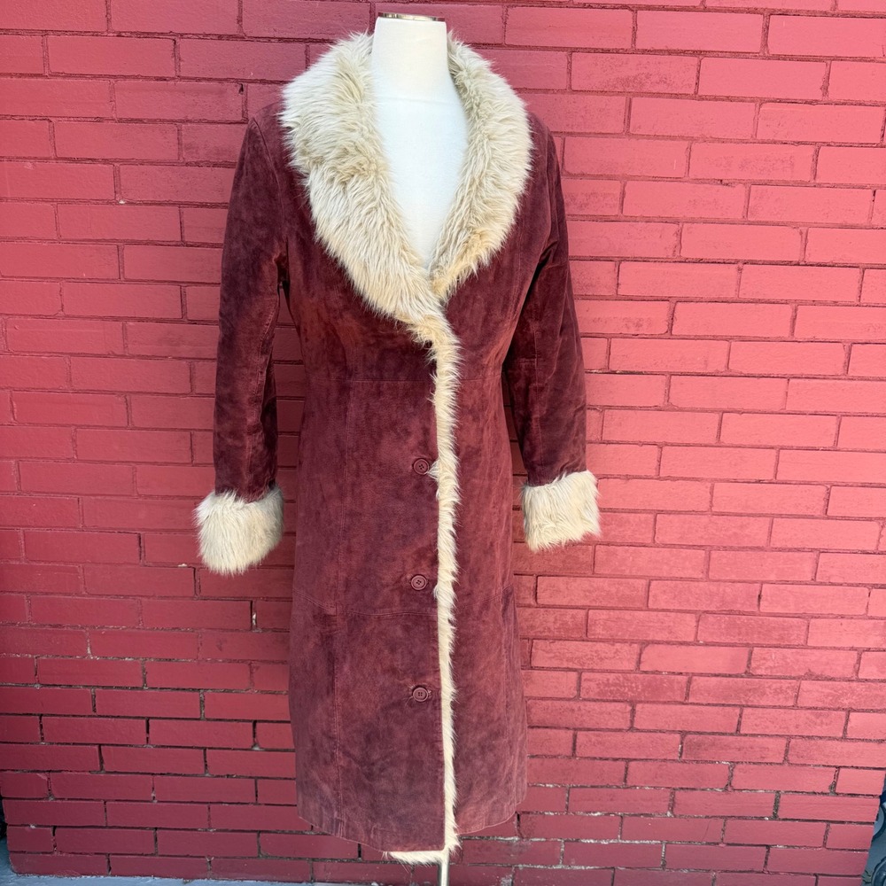 Vtg 90s B Lucid Womens M Burgundy Suede Penny Lane Afghan Coat Faux Fur Trim